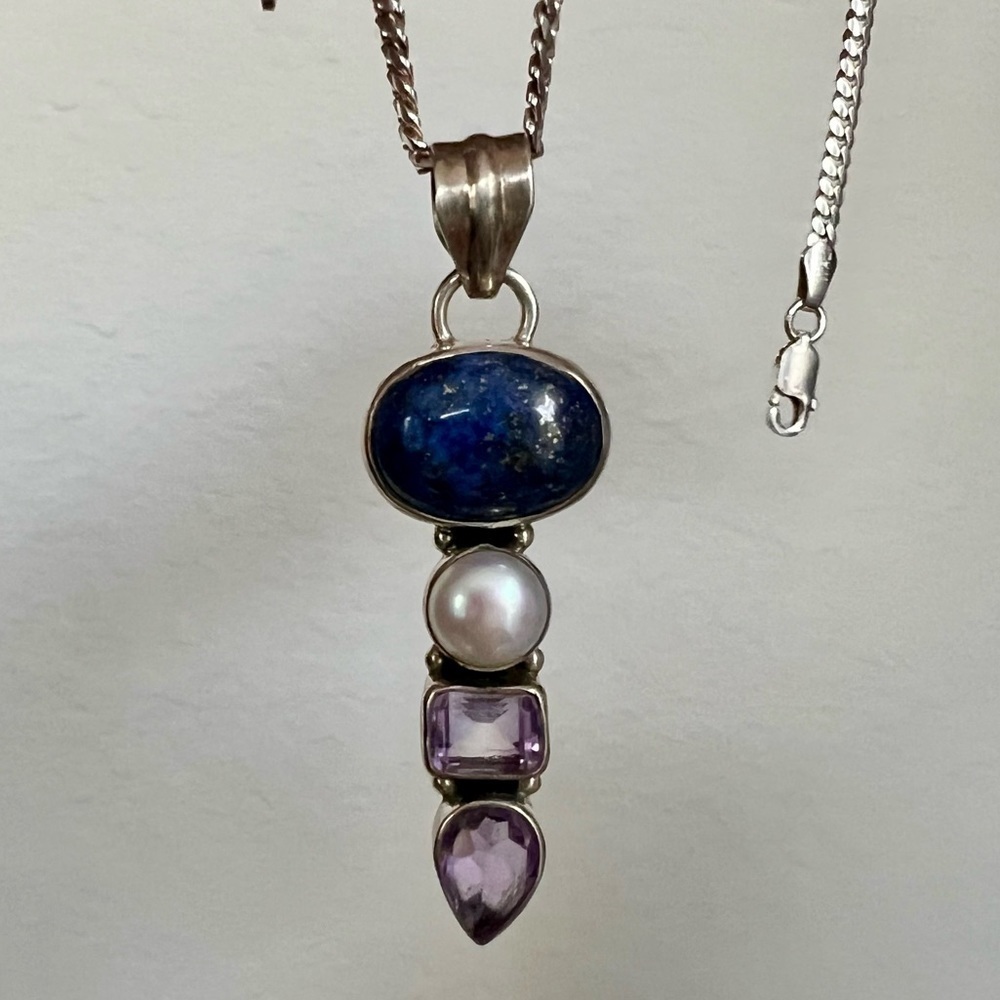 Gorgeous Sterling Silver 925 Lapis Lazuli, Cabochon Pearl, and Amethyst Pendant - Picture 2 of 3